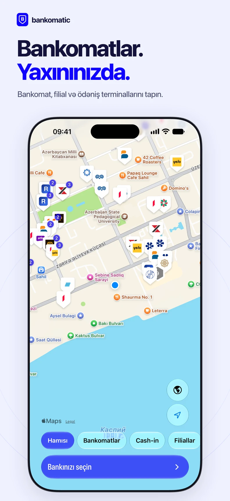 Bankomatlar. Yaxınınızda. Bankomatic xəritəsində Bakının bankomatları, filialları və ödəniş terminalları.