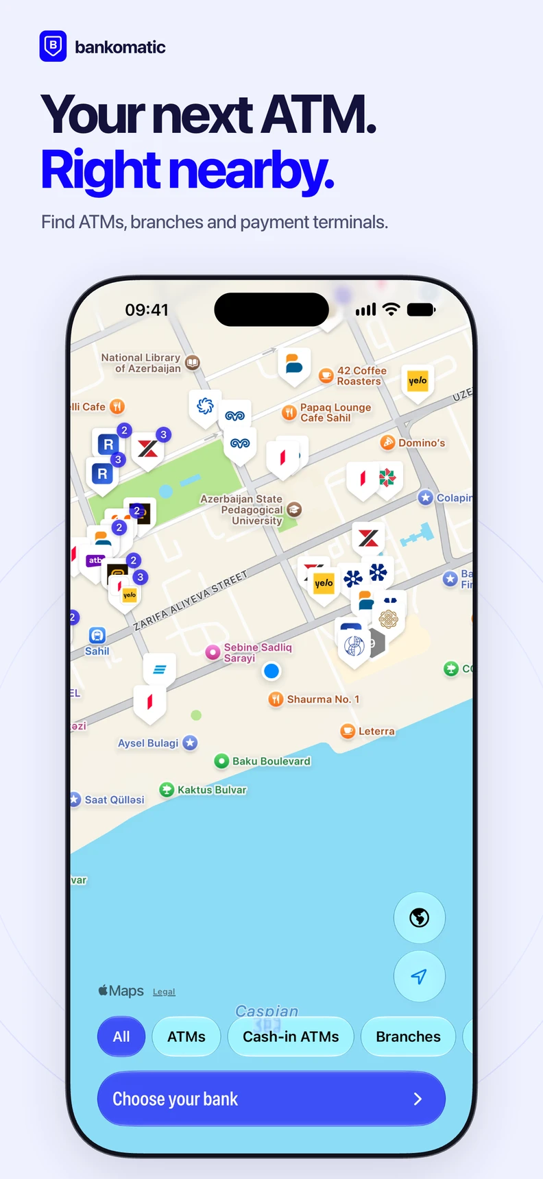 ATMs. Around you. The Bankomatic map showing ATMs, branches and payment terminals in Baku.